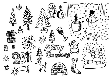 hand drawn christmas objects isolated on the white backgroundのイラスト素材