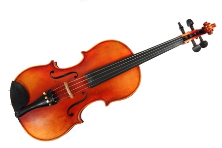 old wooden violin isolated on the white backgroundの写真素材
