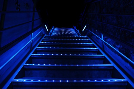 blue stairs with the lights in the dark nightの写真素材