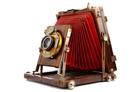 old wooden photo camera isolated on the white backgroundの写真素材
