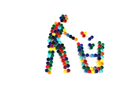 man and trash from the plastic caps isolated on the white backgroundの写真素材