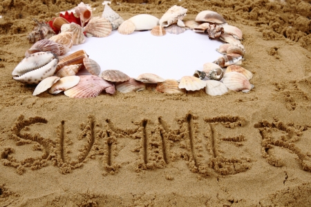 frame from the sand and shells on the beachの写真素材