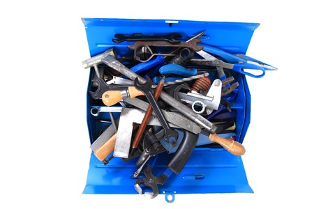mechanic tools from repairman in blue box isolated on the white background
