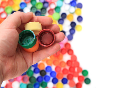 collecting of color pet caps  as nice backgroundの写真素材