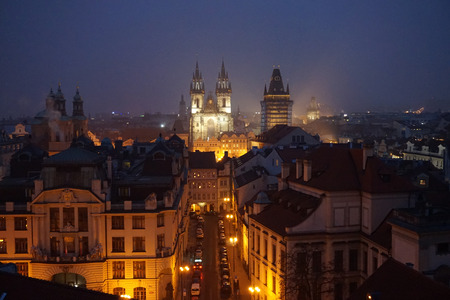 view of old prague from klementinum tower as nice night photo のeditorial素材