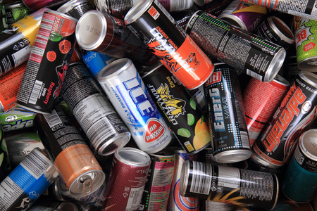 OSTRAVA, Czech republic - FEBRUARY 26, 2017. Energy drinks cans from czech supermarkets - Ostrava, Czech republic.のeditorial素材