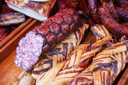 smoked meat and sausages as very nice food backgroundの写真素材