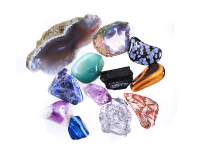 color gems and minerals collection isolated on the white background