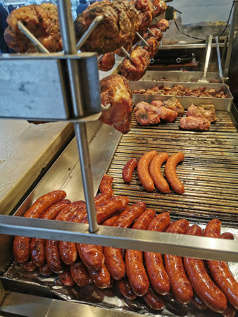 grilled sausages texture as nice food backgroundの写真素材