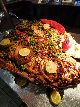 grilled tuna fish with vegetable as nice food backgroundの写真素材
