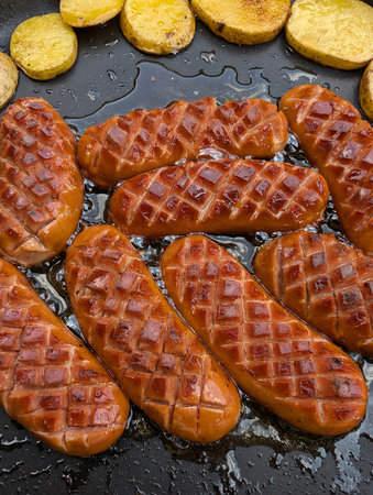 fresh grilled sausages as very nice food backgroundの写真素材