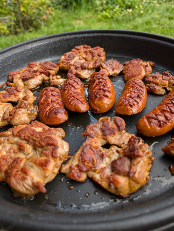 fresh grilled sausages and meat as food background