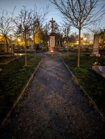 old cemeteries in Vidnava in the nightの写真素材