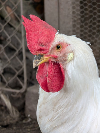 white cock from small home farm in the autumnの写真素材