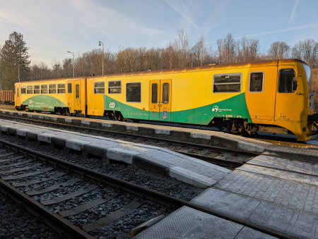 small Czech train 814-075 Regionova called yellow bananaの写真素材