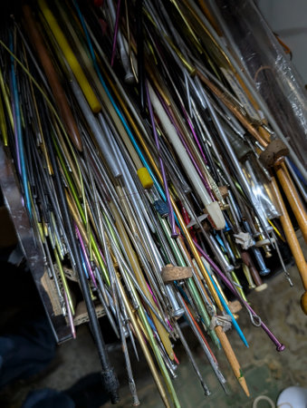 a lot of knitting needles as a nice backgroundの写真素材