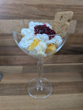 fruit ice cream with mango and strawberriesの写真素材