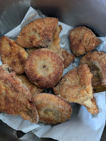 fried parasol mushrooms as schnitzel as traditional Czech foodの写真素材