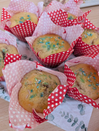 fresh muffins with chocolate as nice food backgroundの写真素材