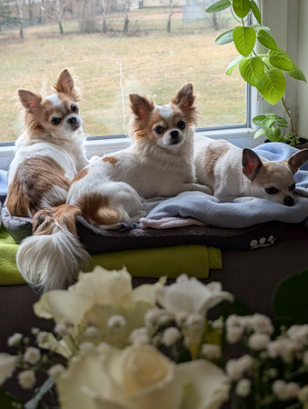 three chihuahuas are resting on the windowの写真素材