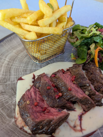 fresh rump steak with vegetables and potato friesの写真素材