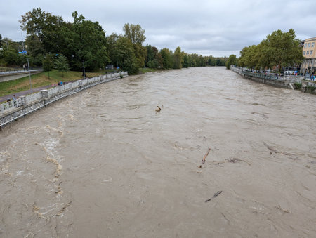River in the city of Ostrava in the flood timeの写真素材