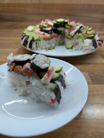 fresh sushi cake as very nice gourmet backgroundの写真素材