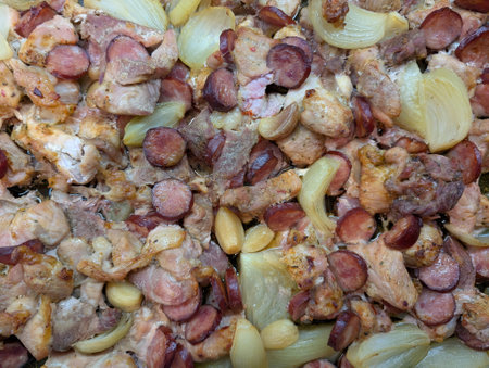 baked pork meat sausages and vegetables as nice food backgroundの写真素材