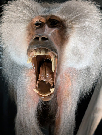 portrait of baboon with open mouth in the dark