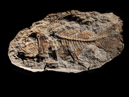 old fossil fish isolated on black backgroundの写真素材