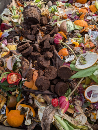 Close-up of organic kitchen waste, coffee grounds, fruit peels, and vegetable scraps decomposing naturally.
