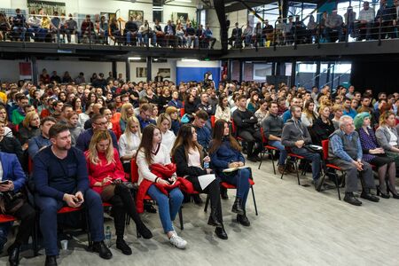 Chisinau, Republic of Moldova - March 11, 2018: audience in hall at a business conference. Horizontally framed shot.のeditorial素材