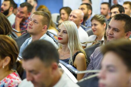 Chisinau, Republic of Moldova - July 12, 2018: audience in hall at a business conference. Horizontally framed shot.のeditorial素材