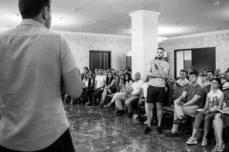Chisinau, Republic of Moldova - June 09, 2018: speaker at Business Conference and Presentation. View...