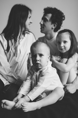 Parents and their children. Black and white photo.の写真素材