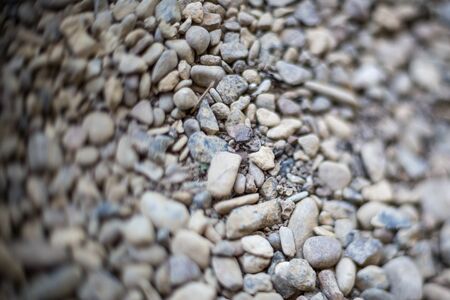 River or sea stone background. Set of all kinds of stones. Part of image is blurred. Horizontally framed shot.の写真素材