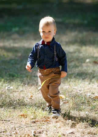 Portrait of a cute little boy on the background of nature. Holding a leaf. Walk in park. Family life. Vertically framed shot.の写真素材