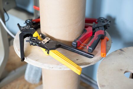 Tools for working with leather products. Horizontally framed shot.の写真素材