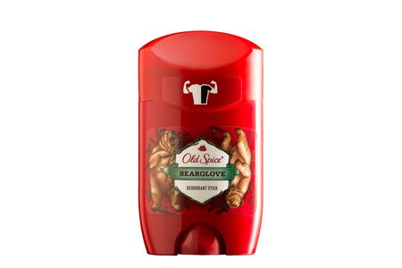 Chisinau, Republic of Moldova - January 21, 2020: Stick of deodorant Old Spice Bearglove isolated on white background. Old Spice is an American brand of male grooming products. Photo.のeditorial素材