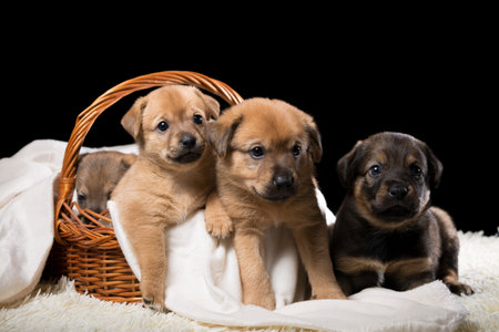 Group of puppies in a wicker basket on a white blanket. Studio photo on a black background. Horizontally framed shot.の写真素材