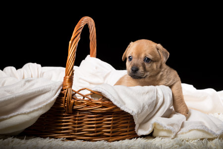 A beautiful puppy in a wicker basket on a white blanket. Studio photo on a black background. Horizontally framed shot.の写真素材