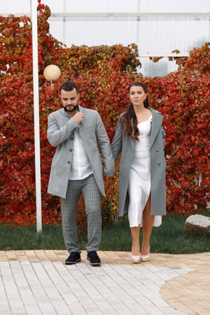 Stylish couple in gray coats walking in the autumn park. Happy sensual wedding couple. Romantic moments of newlyweds. Vertically framed shot.の写真素材