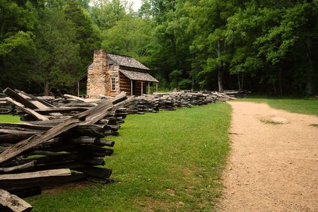 Wooden cabin in the woodsの写真素材