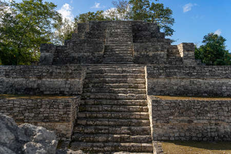 Mayan staircase, Great Calakmul pyramid, Amazing architecture ruins, awesome Mexico latin pre Hispanic culture, ancient building vacation postcardの写真素材