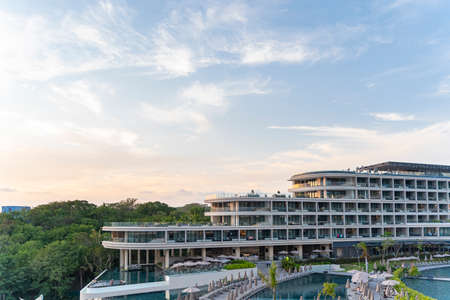 Punta Mita, Nayarit, Mexico December 4, 2021: Luxury Mexican beach resort at sunset, vertical imageのeditorial素材