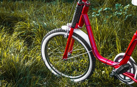 Red and white vintage bicycle parking in the grassの写真素材