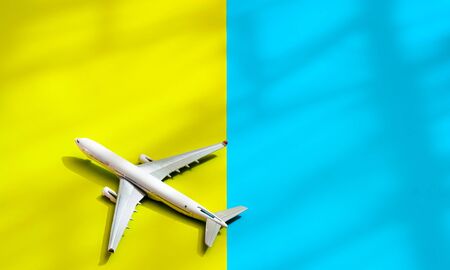 Airline advertising template with an airplane toy flying in colorsの写真素材