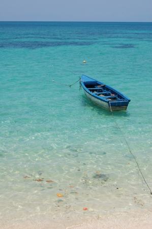 Boat floating on crystal clear water in Jamaicaの写真素材