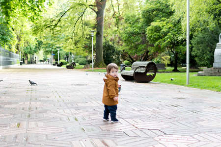 A year and a half old baby taking his first steps in the parkの写真素材