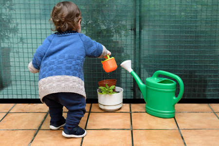He drinks from about eighteen months of playing the gardener watering the plants, on the terrace of the houseの写真素材